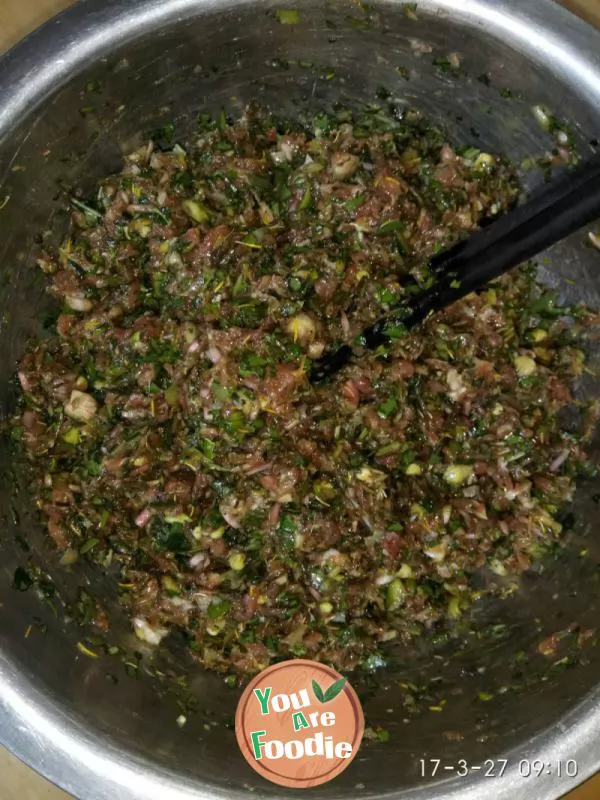 Steamed dumplings with purple potato, dandelion and pork stuffing