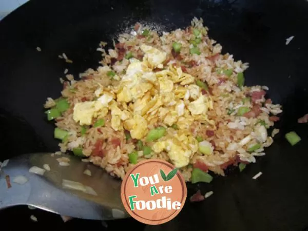 Fried rice with colored and flavored eggs