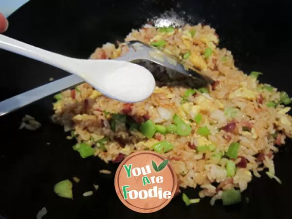 Fried rice with colored and flavored eggs