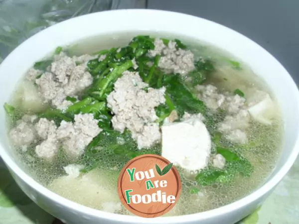 Watercress,-minced-meat,-frozen-tofu-soup