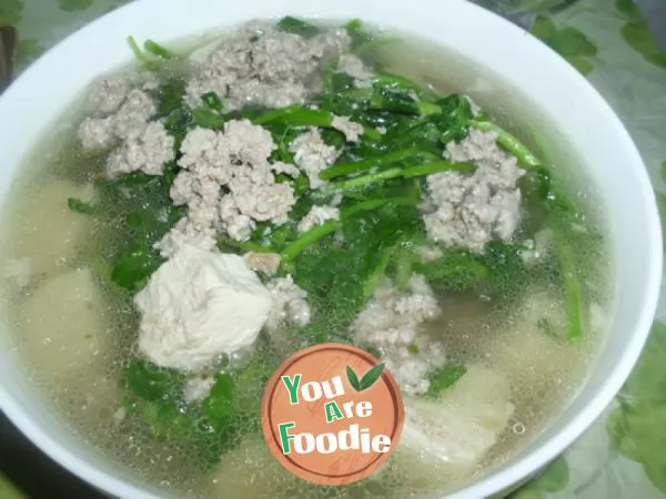 Watercress, minced meat, frozen tofu soup