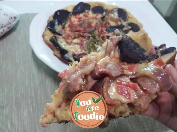 Pan fried purple potato bacon pizza