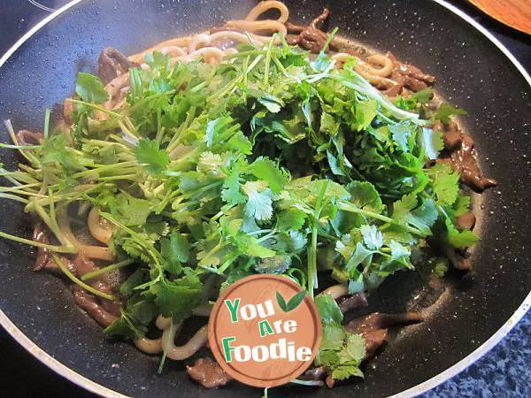 Fried udong with beef and coriander