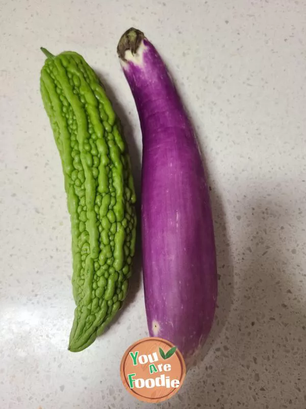 Stir fried purple eggplant with bitter melon