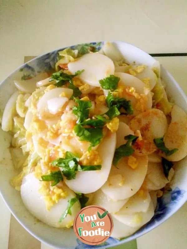 Fried rice cake with eggs