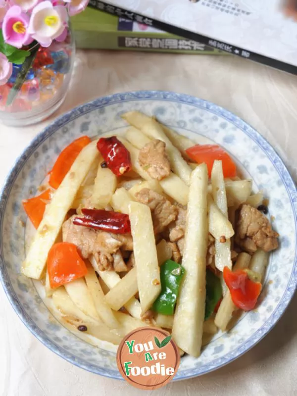 Fried tender meat slices with sweet potato