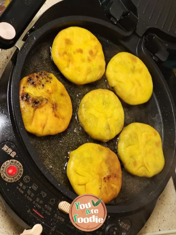 Three flavors of corn flour pancake (leek and egg, leek and pork, sesame brown sugar)