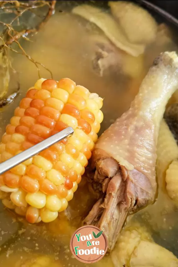 Stewed stone olive chicken soup with glutinous corn