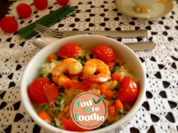 Baked rice with fresh shrimp, seasonal vegetables and cheese