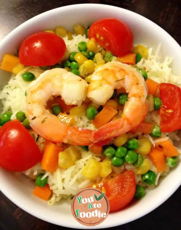 Baked rice with fresh shrimp, seasonal vegetables and cheese