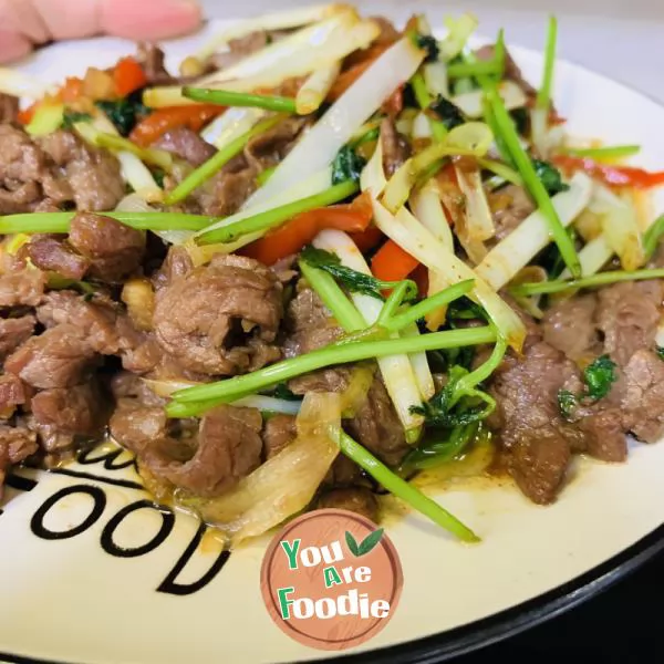 Fried beef with leek and coriander