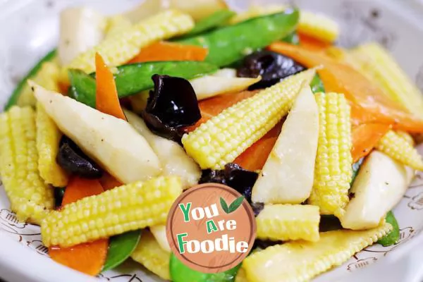 Stir fried seasonal vegetables with corn shoots