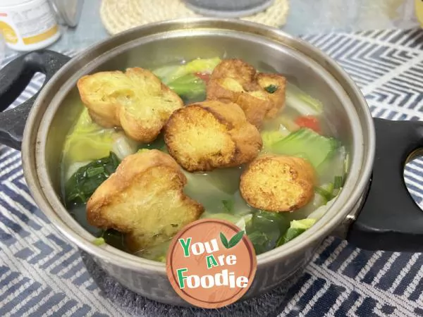 Healthy vegetable and fried dough sticks soup