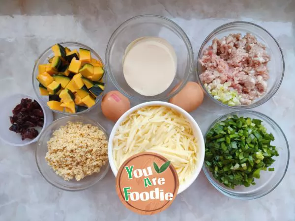 Fancy breakfast: pork potstickers, potato egg cakes, pumpkin millet porridge