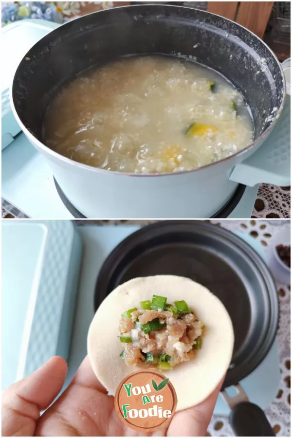 Fancy breakfast: pork potstickers, potato egg cakes, pumpkin millet porridge