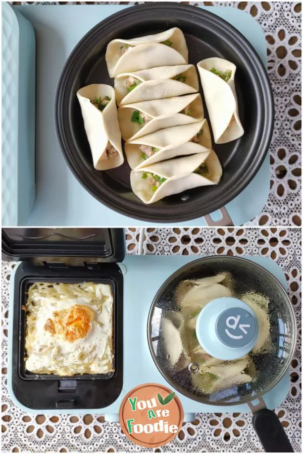 Fancy breakfast: pork potstickers, potato egg cakes, pumpkin millet porridge