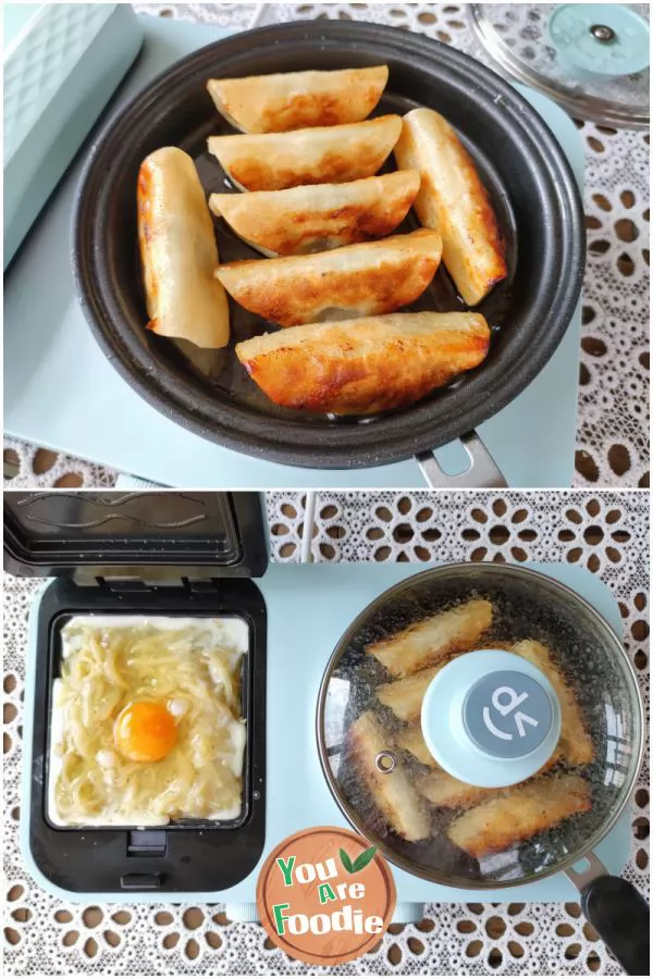 Fancy breakfast: pork potstickers, potato egg cakes, pumpkin millet porridge