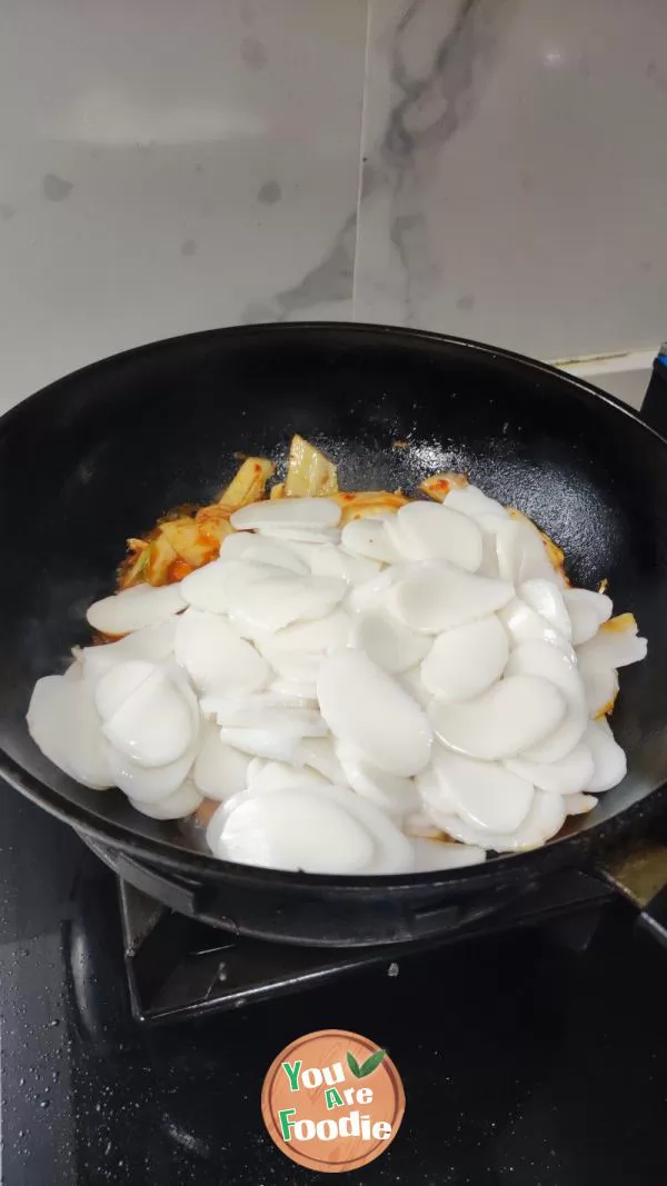 Korean Fried Rice Cake with Kimchi and Cheese