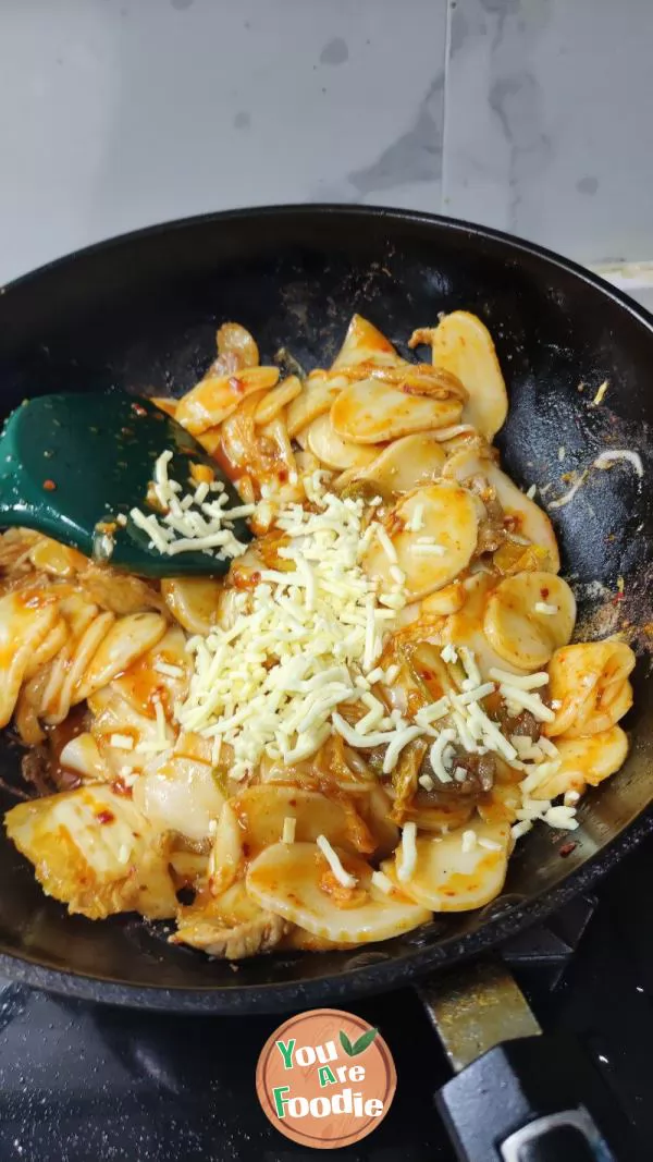 Korean Fried Rice Cake with Kimchi and Cheese