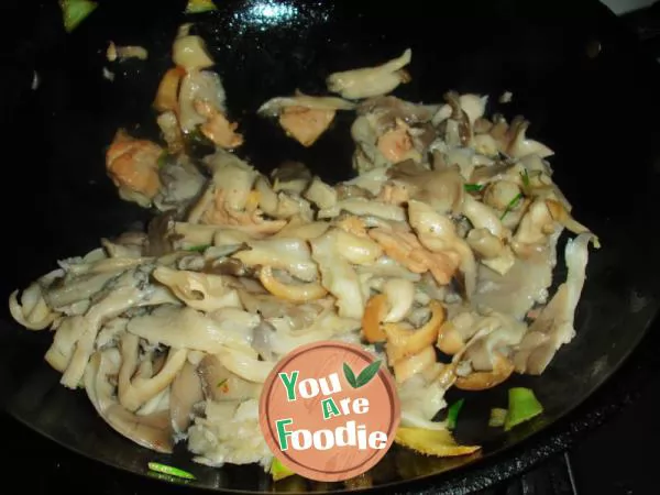 Fried sliced meat with fresh mushrooms