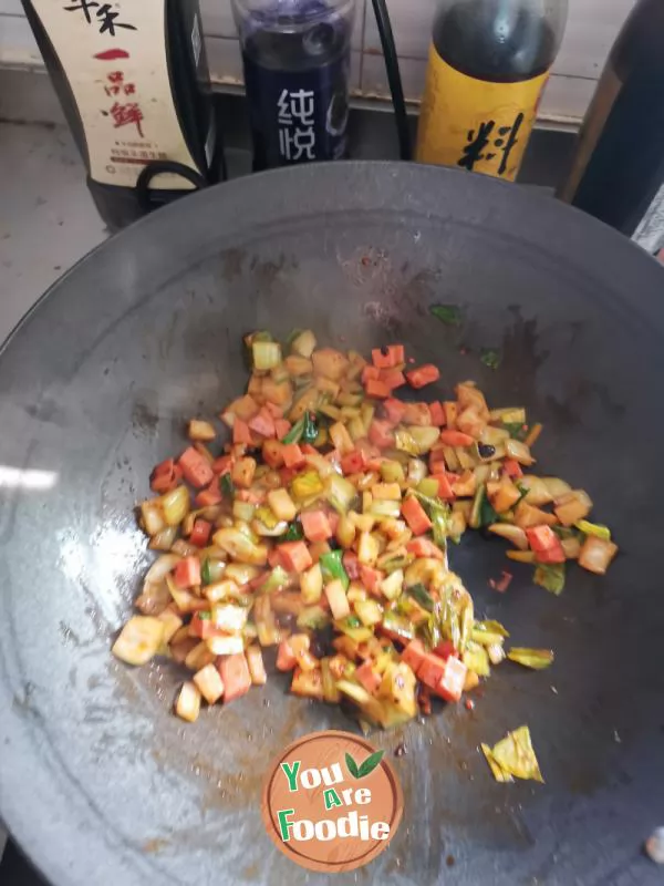 Fried rice with mixed vegetable and ham in black bean sauce