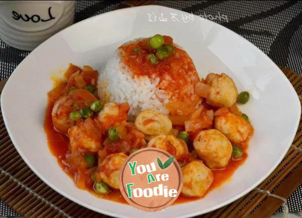 Rice with fish balls in tomato sauce