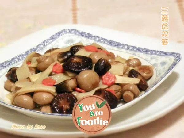 Braised double bamboo shoots with three mushrooms