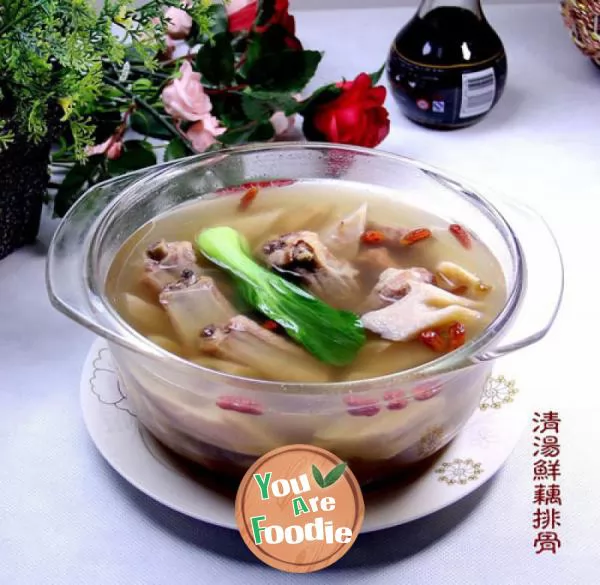 Autumn seasonal home style dish fresh lotus root ribs in clear soup