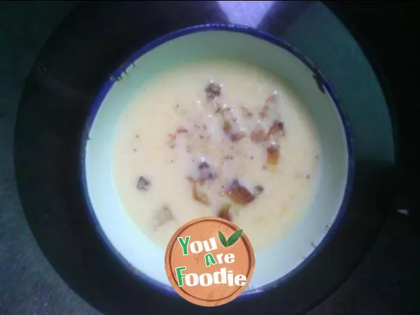 Homemade egg custard -- steamed egg custard with shrimp skin oil cake