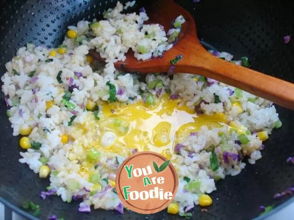 Fried rice with celery and purple cabbage eggs