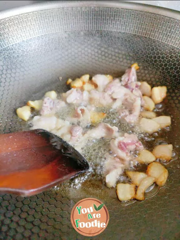 Fried meat with antler mushrooms