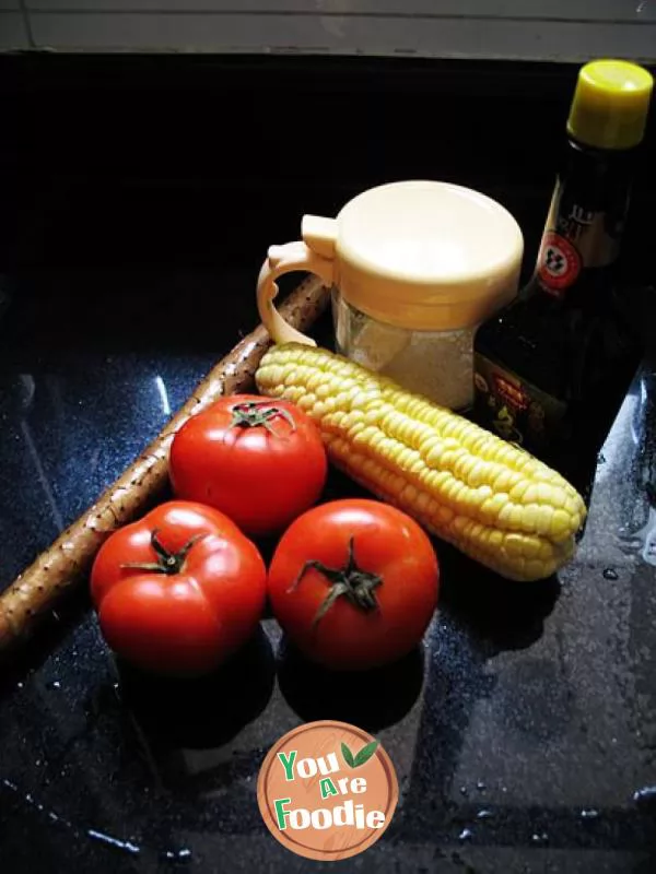 Tomato, yam and corn kernels