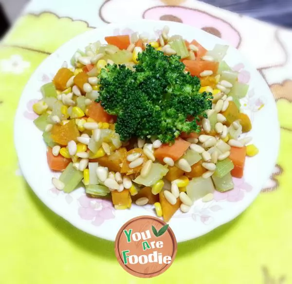 Rainbow assorted vegetables with pine nuts