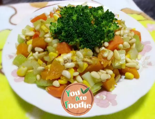 Rainbow assorted vegetables with pine nuts