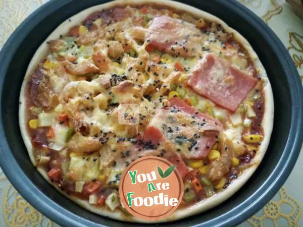 Fruit and vegetable ham bacon shrimp pizza