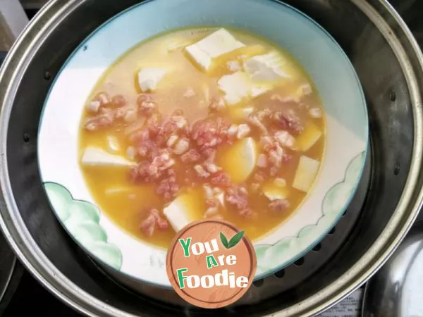 Steamed egg with minced meat and tofu
