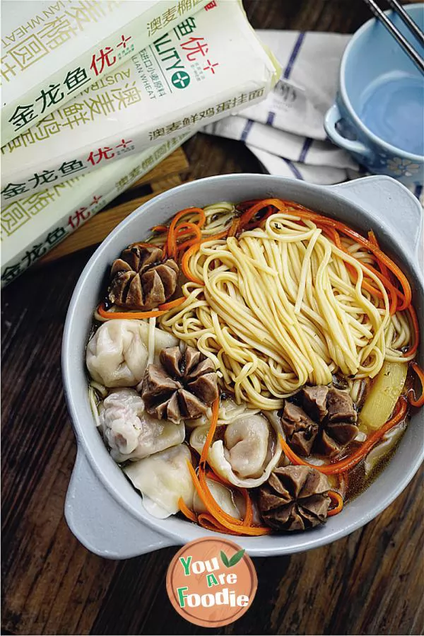 Noodle soup with beef balls and potato wonton