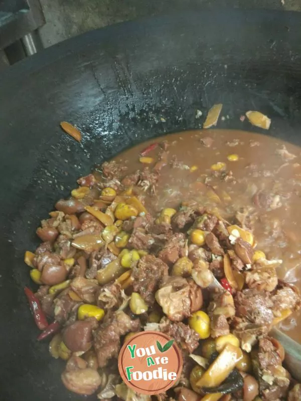 Big iron stove, chestnuts and lamb brisket in casserole