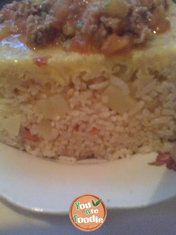 Baked rice with colorful eggs