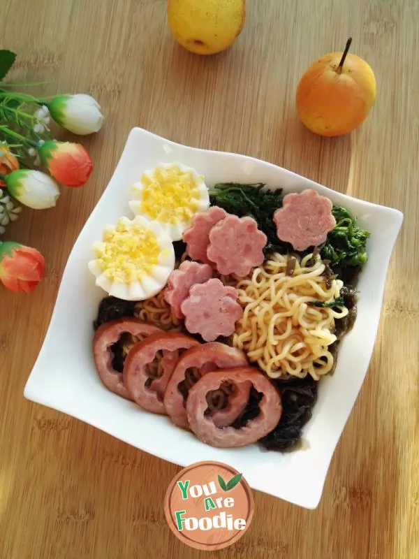 Egg noodles with red sausage