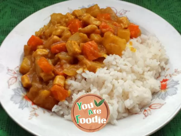 Rice covered with curry seasonal vegetables