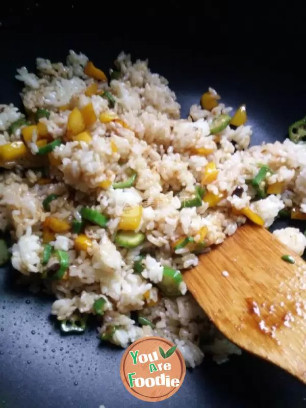 Fish flavored fried rice ~ yellow pepper okra Salmon Fried Rice